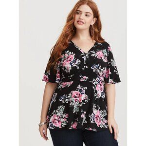 TORRID Short Sleeve Top Size 3 Stretchy Jersey Knit Peplum Black Pink Floral